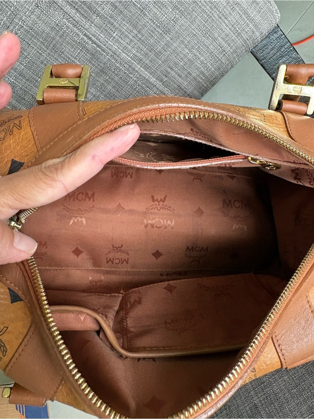 MCM Brown Visetos Logo Satchel with Gold Hardware - Picture 11 of 12